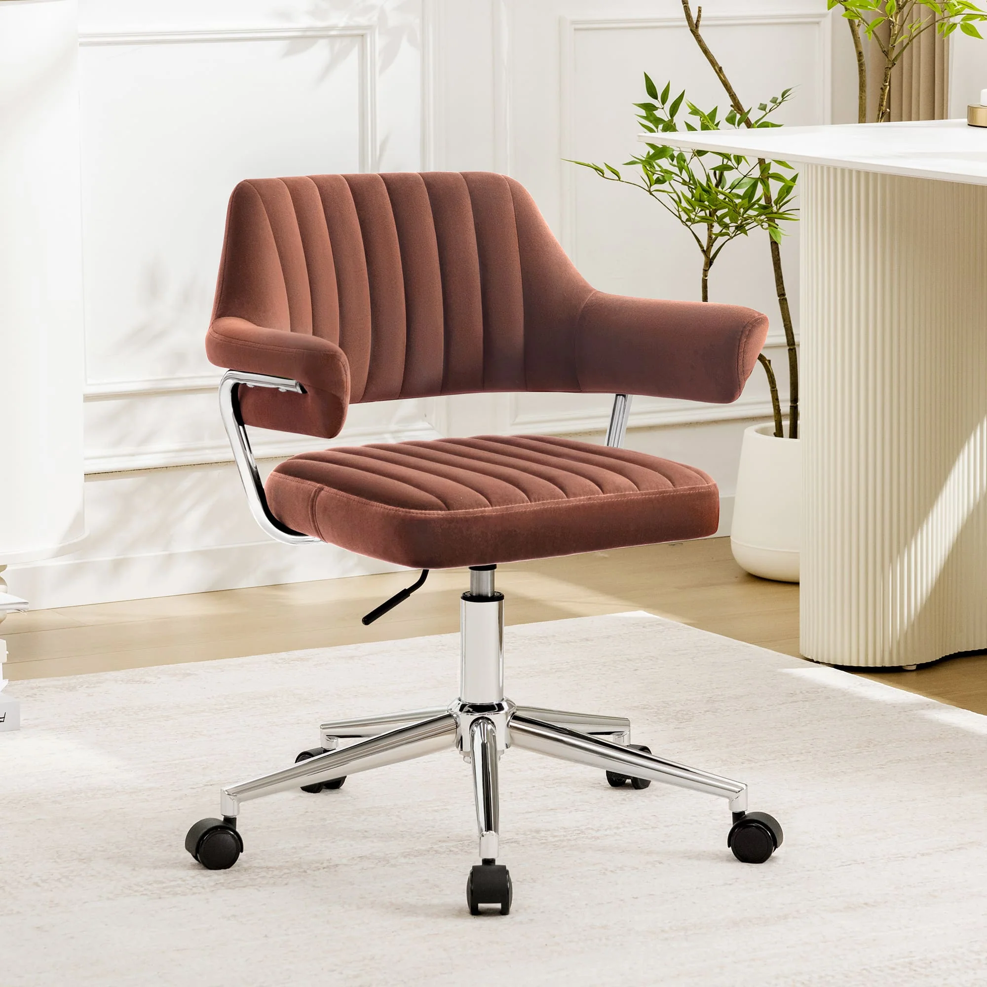 Adjustable PU Leather Swivel Vanity Chair with Arms - Image 21