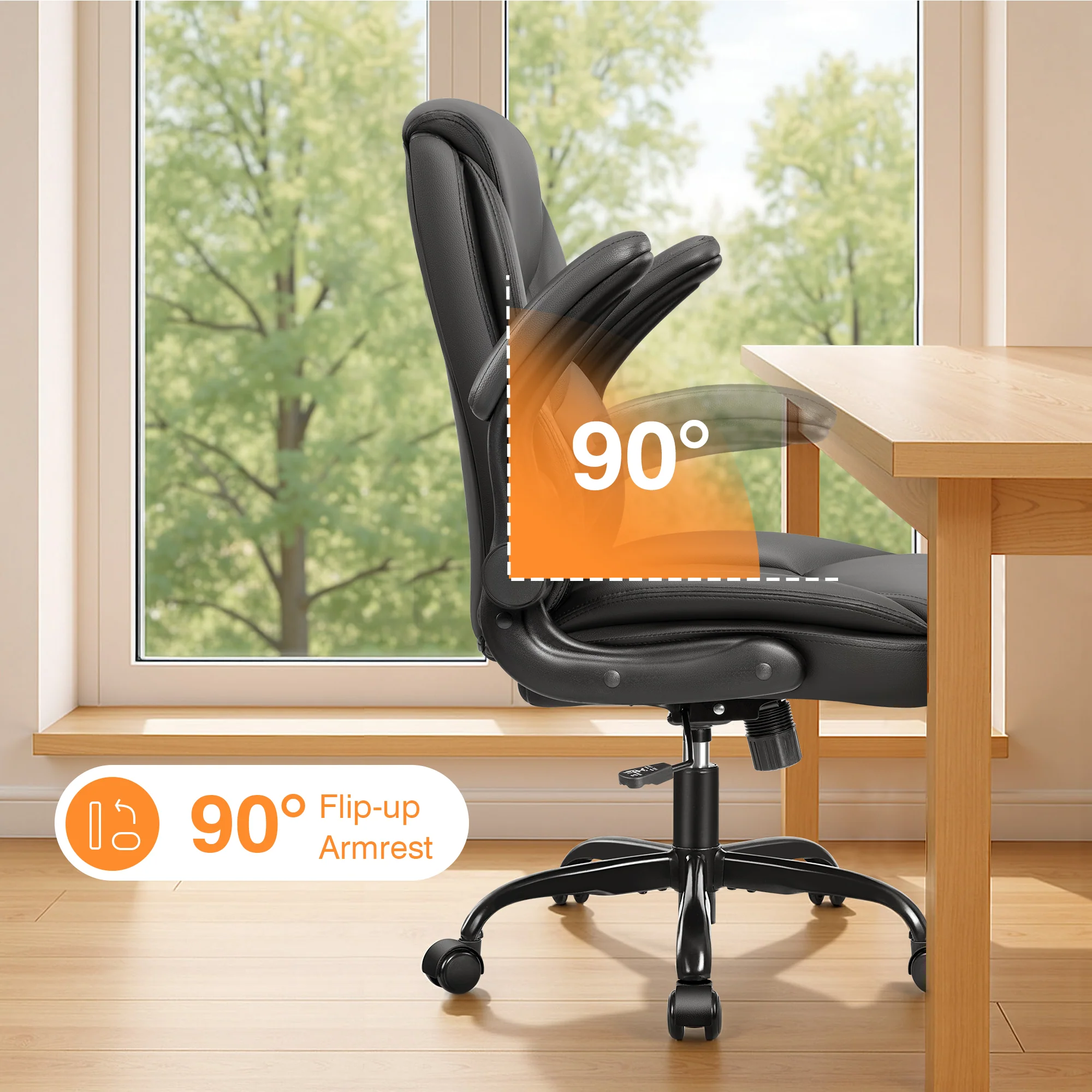Primy Compact PU Leather Office Chair - Ergonomic Adjustable Height Computer Desk Chair with Flip-Up Armrests, Mid-Back Executive Swivel Chair on Wheels for Small Spaces & Petite Users - Image 5