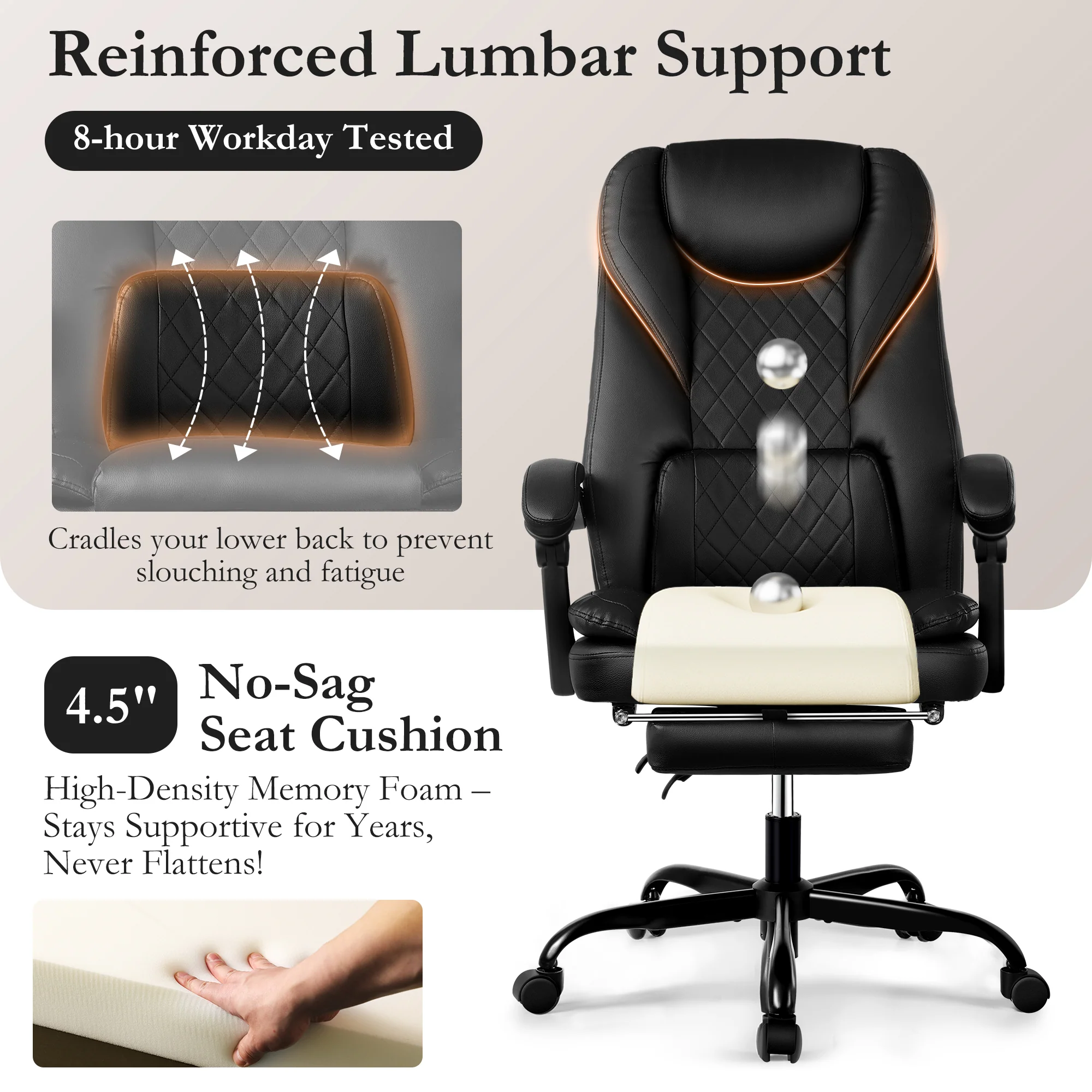 Primy Premium Executive Office Chair - Big & Tall PU Leather Reclining Chair with Footrest & Lumbar Support, 400lb Heavy Duty Ergonomic Computer Desk Chair for Home/Office - Image 4